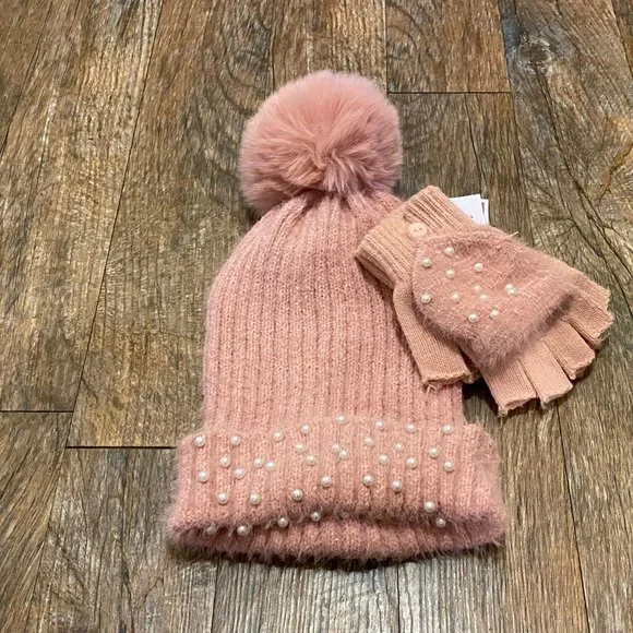 SOLD - Beanie Cap & Mittens NWT Pink Pearl Embellished - Picture 3 of 3